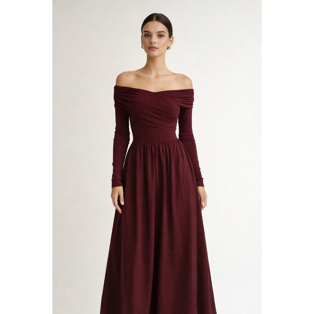 Commense Burgundy Off Shoulder Long Sleeve Maxi‎ Dress Elegant With Pockets S